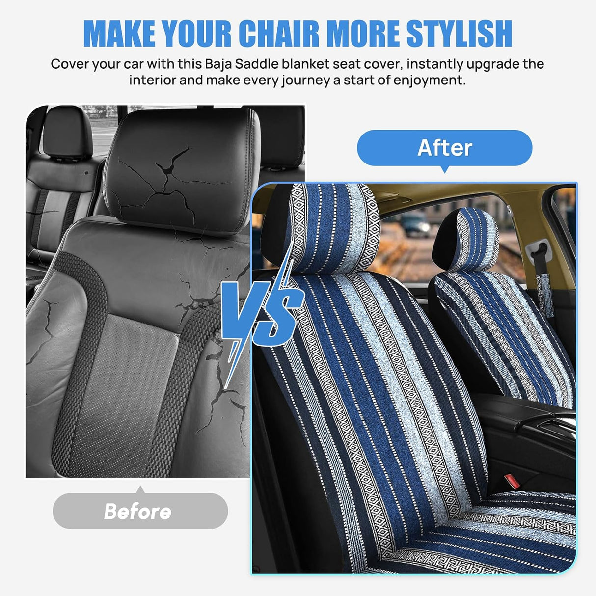 Car Seat Covers 2PCS Blue Baja Blanket Universal Front Seats | Striped Woven Fabric Breathable Washable with Shoulder Pads Airbag Compatible Fits Cars SUVs Trucks