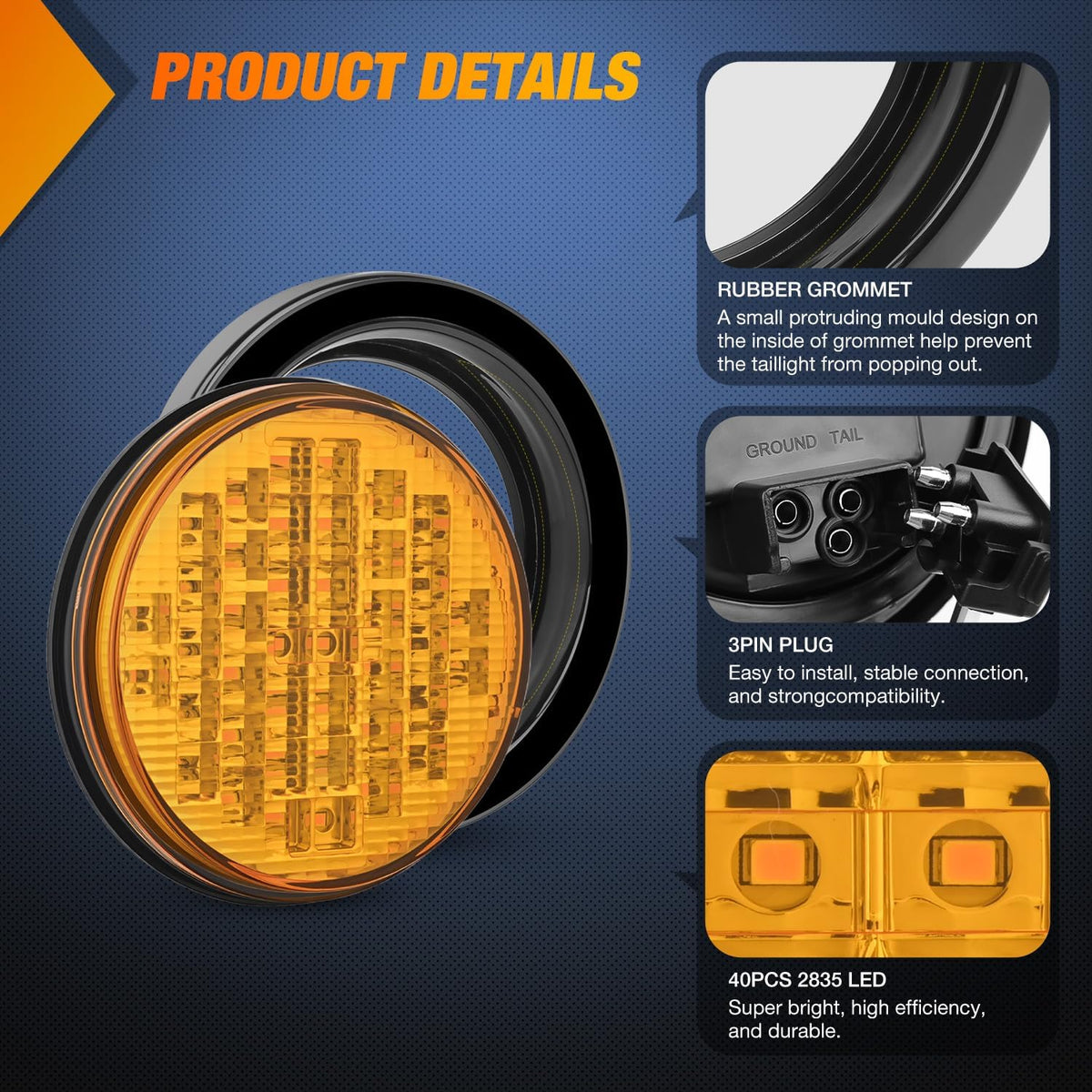 Trailer Tail Lights 2PCS 4Inch Round 40LED Amber Turn Signal | Surface Mount Grommet Plugs IP67 Waterproof Marker Clearance Running Taillights for Trailer Truck Pickup Camper RV Bus