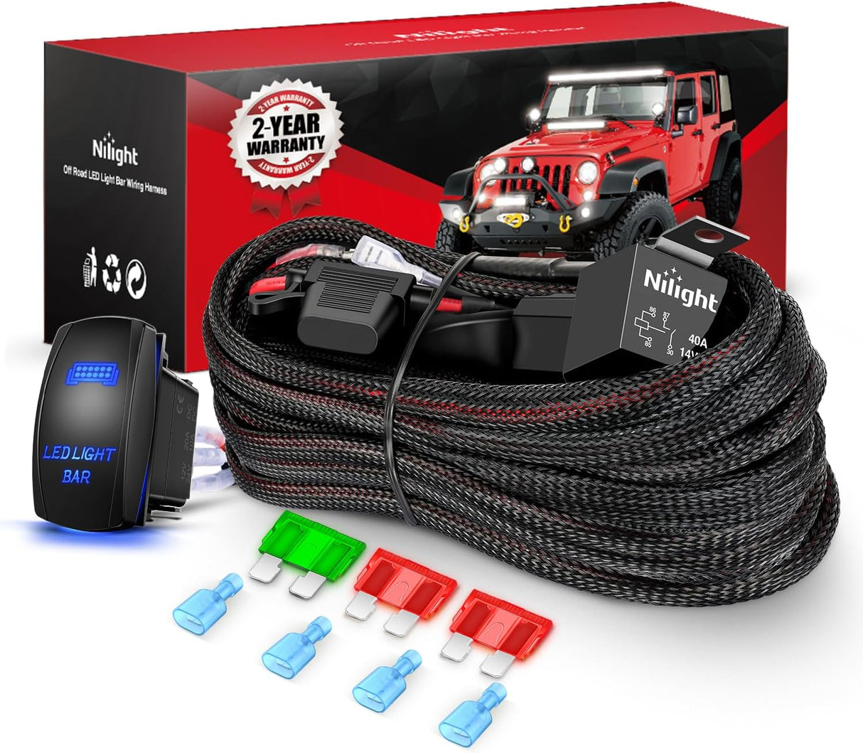 Wiring Harness Kit Nylon 12 AWG 2 Leads 12V 5Pin Rocker Switch Laser On Off Power Relay Blade Fuse for LED Light Bar Off Road Lights on Cars Jeep Boat Trucks