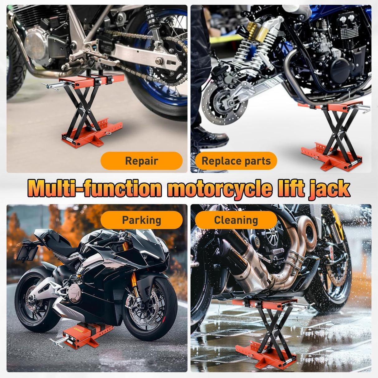 Motorcycle Lift 1100 LBS ATV Scissor Jacks with Saddle Safety Pin Crank Handle 3.7 Inch-15.7 Inch Hoist Stand Heavy Duty Steel Lifter Jack for Motorcycles Dirt Bike Garage Storage Repair Tool, Orange