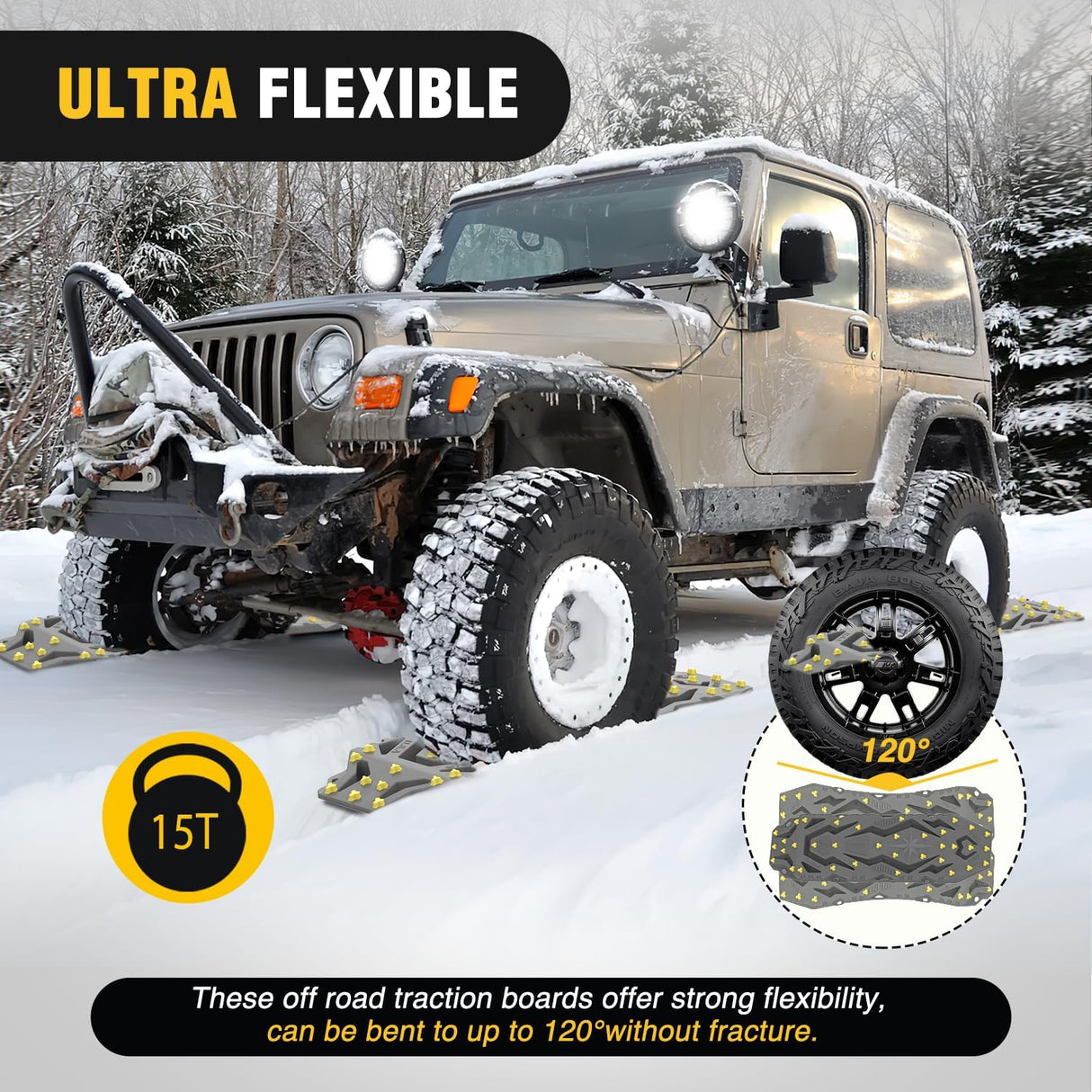 Recovery Off-Road Traction Boards 2Pcs 43 InchL x 13.3 InchW with Yellow Teeth for 4WD 4X4 Mud Sand Snow Includes 2PCS Mounting Kit & Carry Bag (Grey)