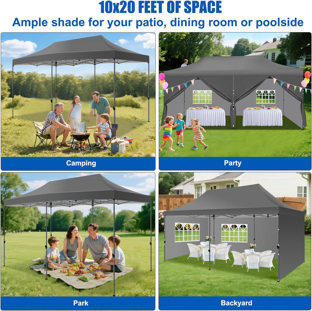 10x20 Pop Up Canopy Tent with Sidewalls Instant Outdoor Canopy, Waterproof & UV Protection, Easy Setup Adjustable Height Heavy Duty Shelter Gazebo Tent for Patio Backyard Party Events, Gray