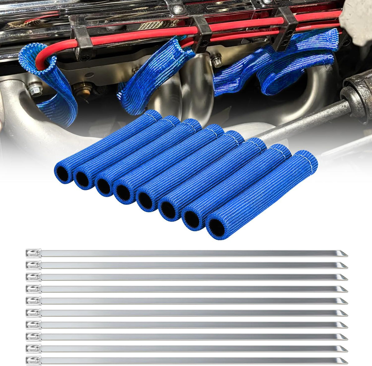 6 Inch Spark Plug Wire Heat Shield Sleeve 8PCS Blue | 3002°F Boot Protector with 10 Metal Zip Ties, Replacement for LS1 LS2 SBC BBC 350 454 Car Truck