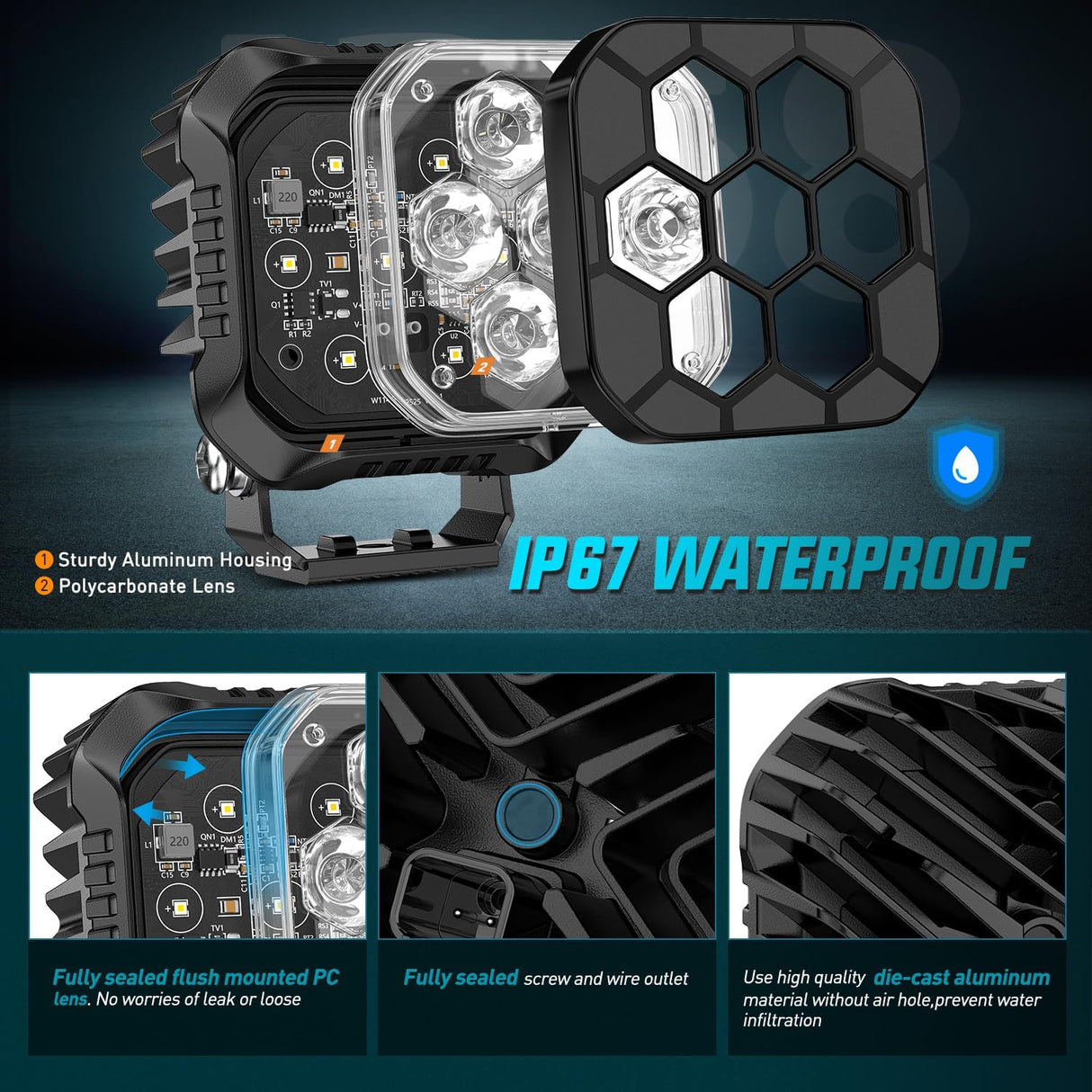 LED Pod Light 2 PCS 3.8 Inch 35 W 7 LED Square Hyper Spot Beam Offroad Driving Lights w/16 AWG Rocker Switch Wiring Harness Kit for Truck Motorbike Boat ATV UTV