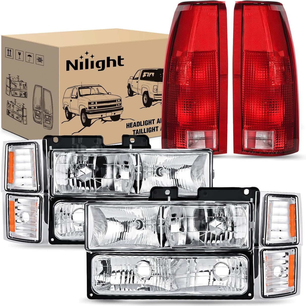 Headlight and Taillight Assembly Combo Compatible with 1994 1995 1996 1997 1998 Chevy Silverado Tahoe Suburban C10 C/K 1500 2500 3500 Tail Light Chrome Housing Amber Reflector Bumper Lamp