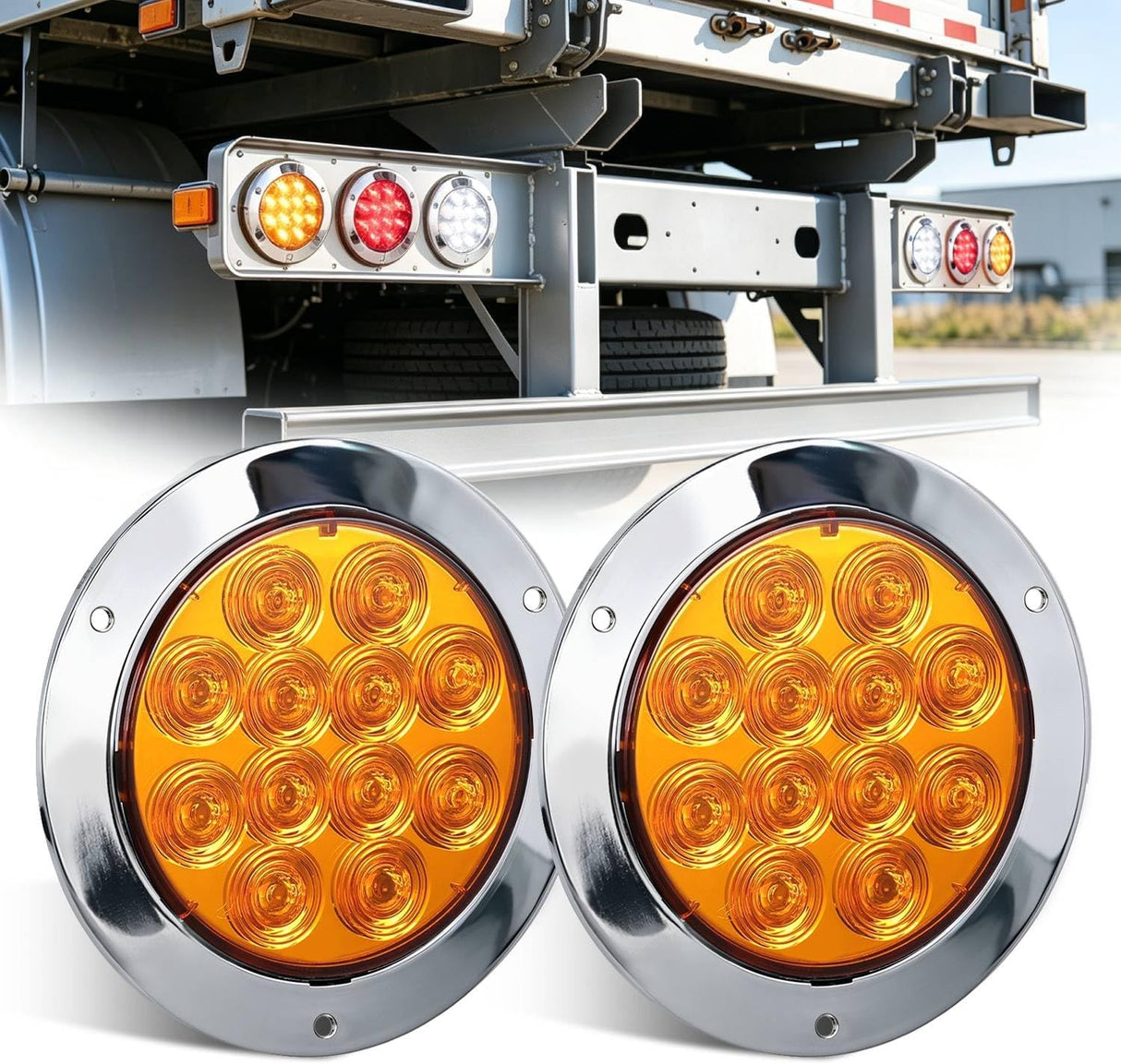 Trailer Tail Lights 2PCS 4Inch Round 12LED Amber Chrome Frame | IP67 Waterproof Marker Clearance Turn Signal Running Taillights for Trailer Truck Pickup Camper RV