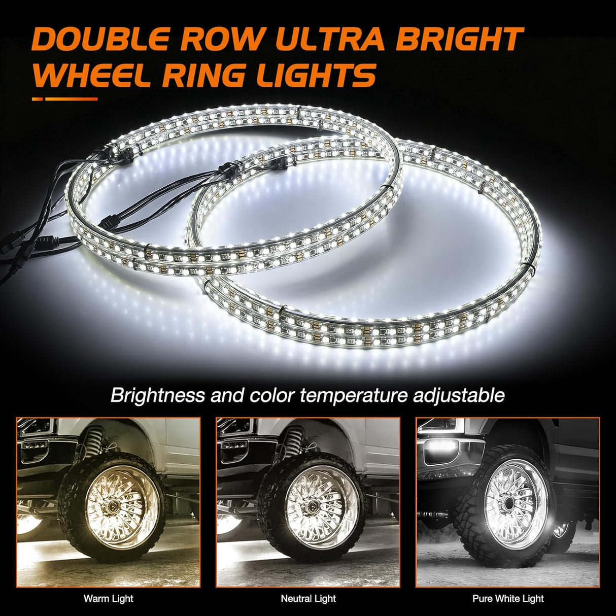 4PCS 15.5inch Double Row LED Wheel Ring Lights Pure White with Remote Control w/Turn Signal Braking and Reverse Function Dual Row for Car Van SUV Truck