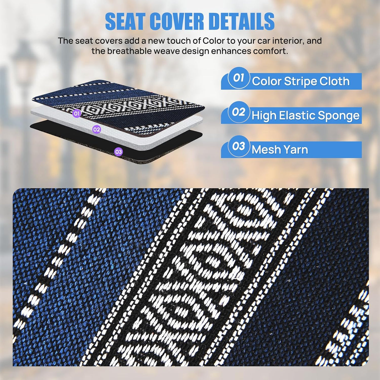 Car Seat Covers 2PCS Blue Baja Blanket Universal Front Seats | Striped Woven Fabric Breathable Washable with Shoulder Pads Airbag Compatible Fits Cars SUVs Trucks