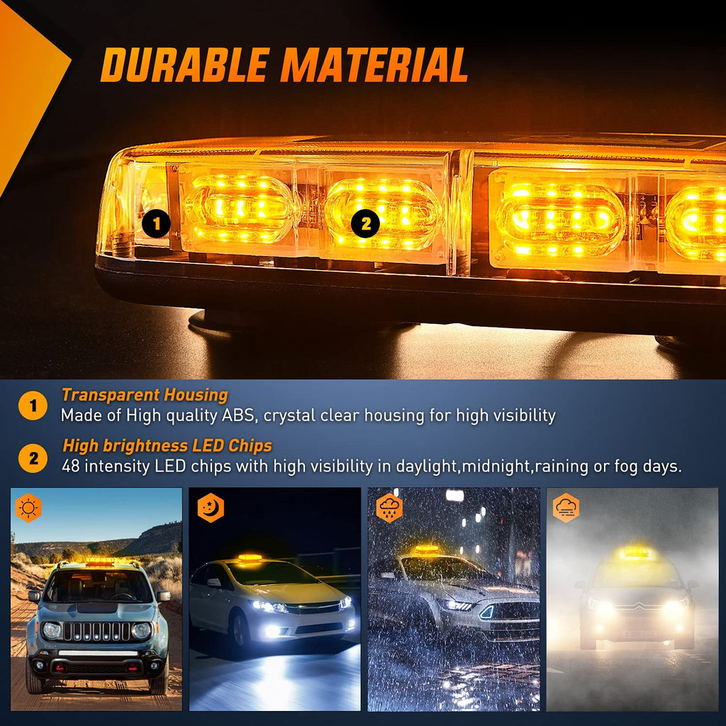 led strobe light Nilight 2PCS 12 Inch Roof Top Strobe Lights 48LED Hazard Light Emergency Safety Warning LED Flashing Light Bar Magnetic Mount 12V 24V for Cars Trucks Snow Plows Construction vehicles, 2 Years Warranty