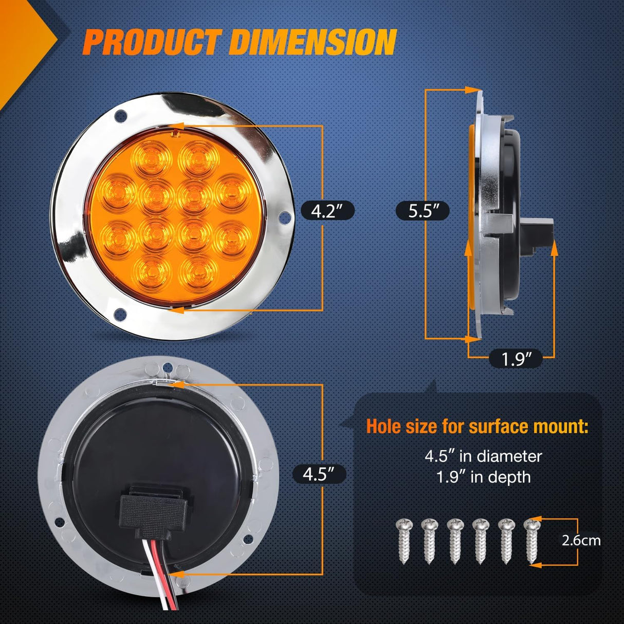 Trailer Tail Lights 2PCS 4Inch Round 12LED Amber Chrome Frame | IP67 Waterproof Marker Clearance Turn Signal Running Taillights for Trailer Truck Pickup Camper RV
