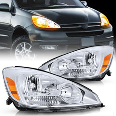 2004 2005 Toyota Sienna Headlight Assembly Chrome Housing Amber Reflector Upgraded Clear Lens