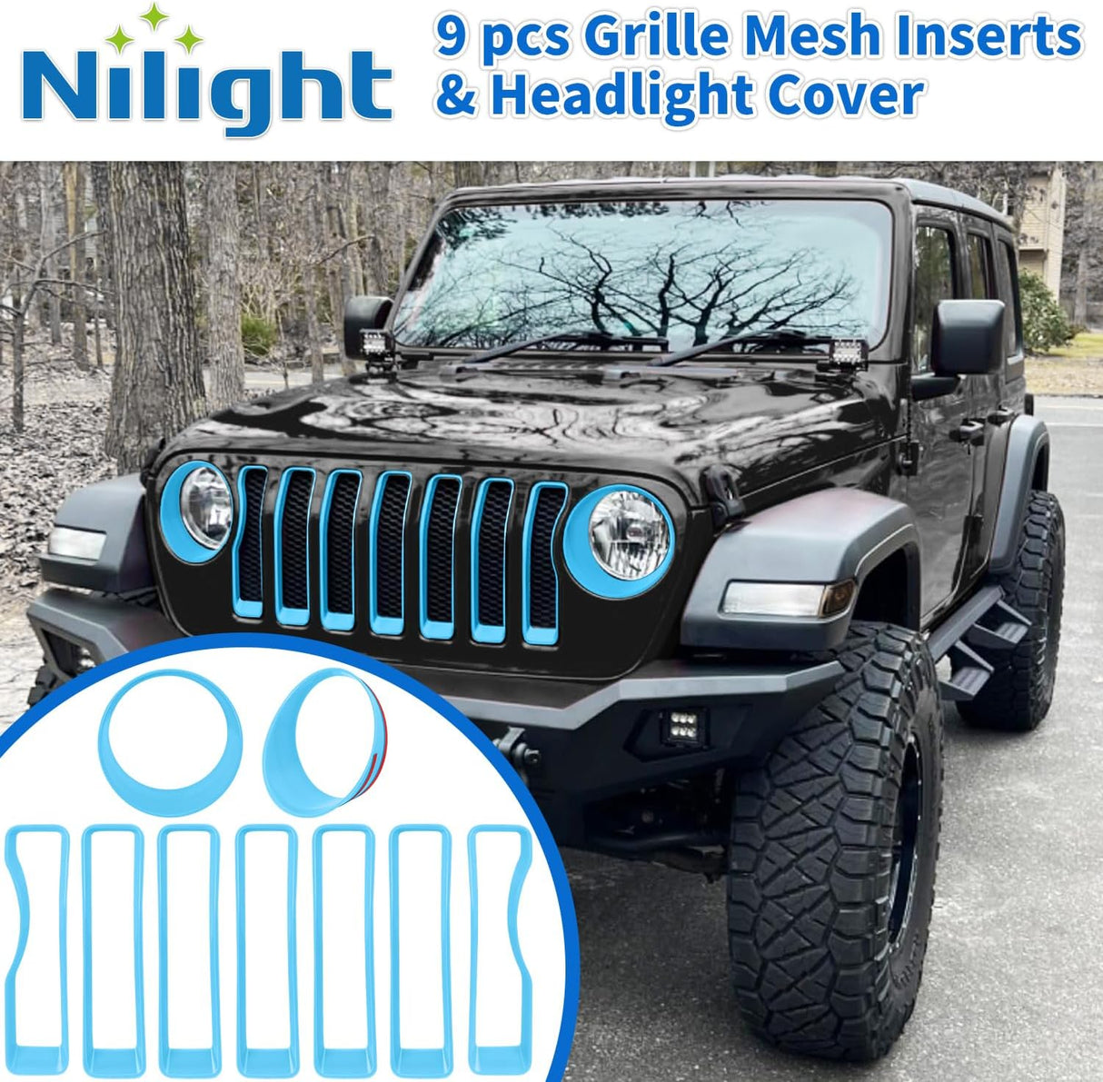 Grill Inserts fit for Jeep Wrangler Front Grille Inserts Headlight Cover Set for JL JLU Unlimited Sport SportS 2018 2019 2020 2021 2022 2023 Grille Bezels Trim Exterior Accessories Blue 9 Pcs