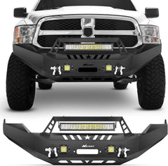 2013-2018 Dodge Ram 1500 Front Bumper Full Width Solid Steel with Winch Plate Offroad 120W LED Light Bar 2Pcs 18W Light Pods D-Rings