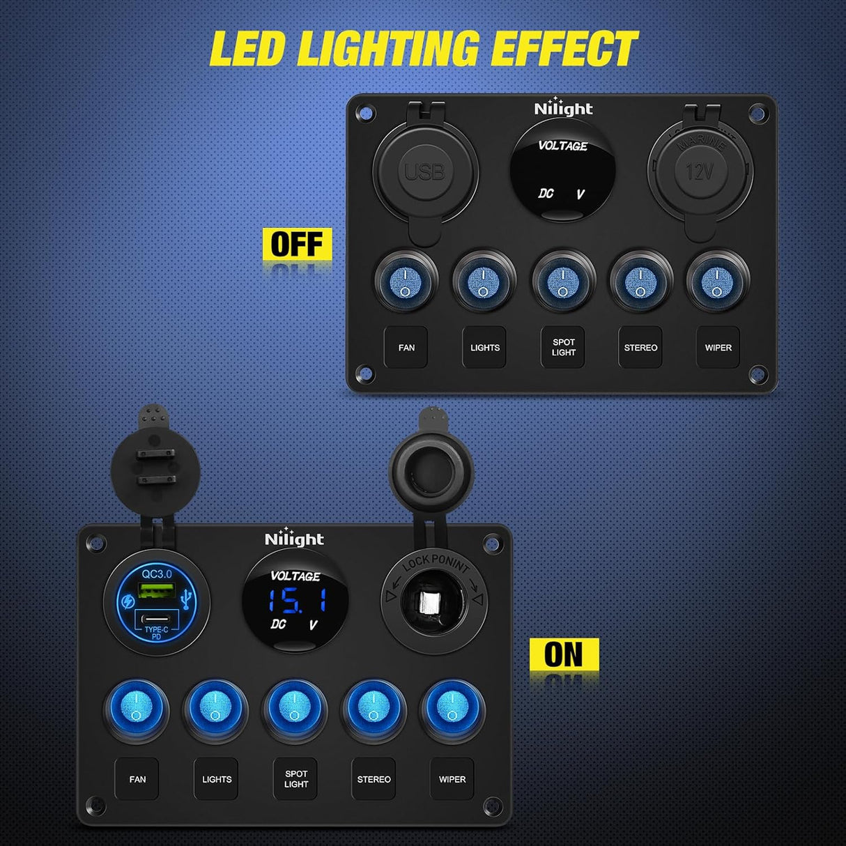 5Gang Multi Function Switch Panel PD Type C USB Charger Digital Voltmeter Nilight
