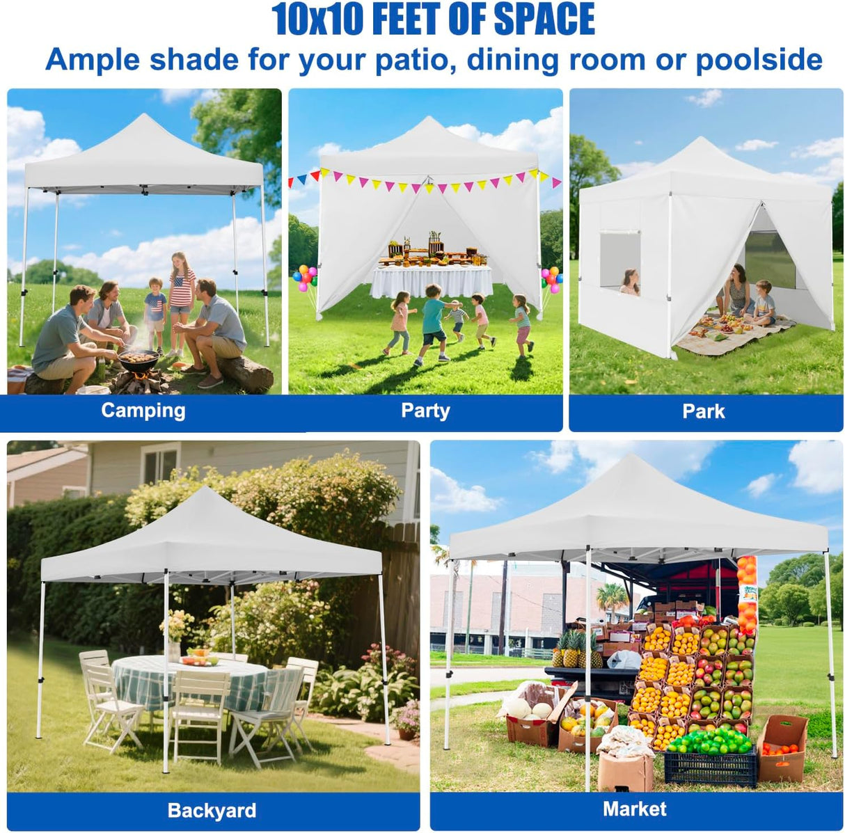 10x10 Pop Up Canopy Tent with 4 Sidewalls Portable Folding Outdoor Canopy Easy Setup Gazebo Waterproof Instant Popup Shelter Tent w Wheel Carry Bag sandbags for Events Parties Camping, White