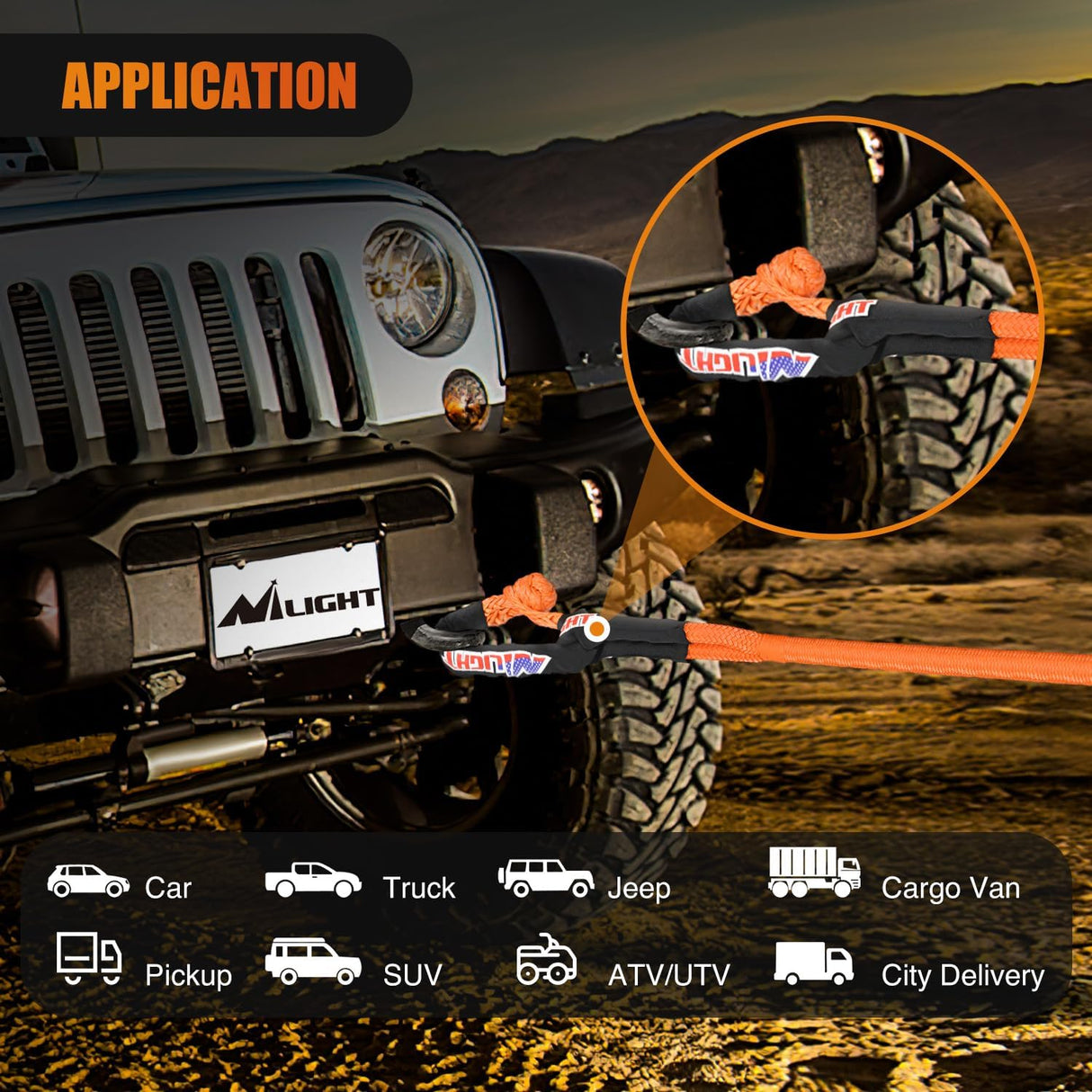 Kinetic Recovery Tow Rope Kit with 2 Soft Shackle 1-1/8inx30ftt Heavy Duty Offroad Tow Rope Snatch Strap Towing Strap kit 48,000LBS for UTV ATV SUV Truck Car Jeep Tractor