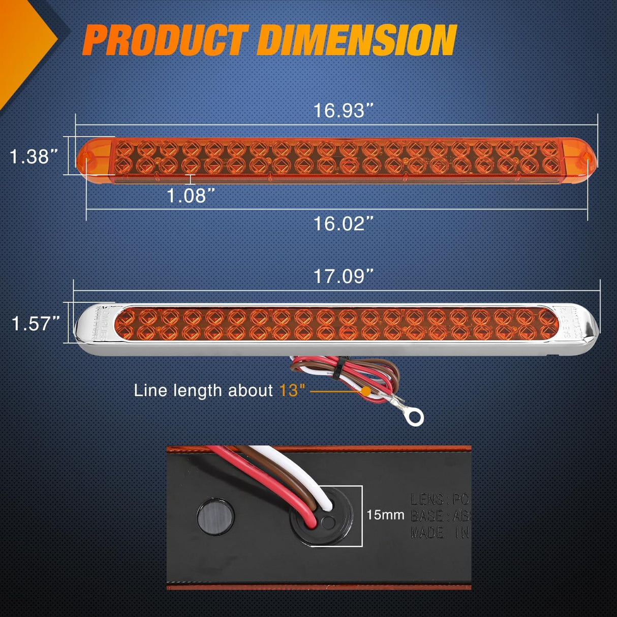 LED Tail Light 2PCS 17 Inch 40LED Amber Running Tail Turn Signals Lights w/Chrome Bezel Waterproof Surface Mount for 12V Towing Trailer Truck RV Camper Boat