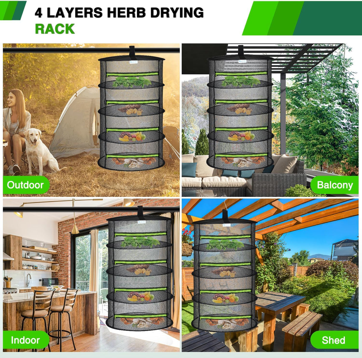 4 Layer Herb Drying Rack Hanging Mesh Net Foldable Plant Drying Racks 24 Inch w Green Zipper Pruning Shears Hook Dryer Hanging Rack for Herbs Seed Bud Fruit Clothes Grow Tent Closets Garden Outdoor