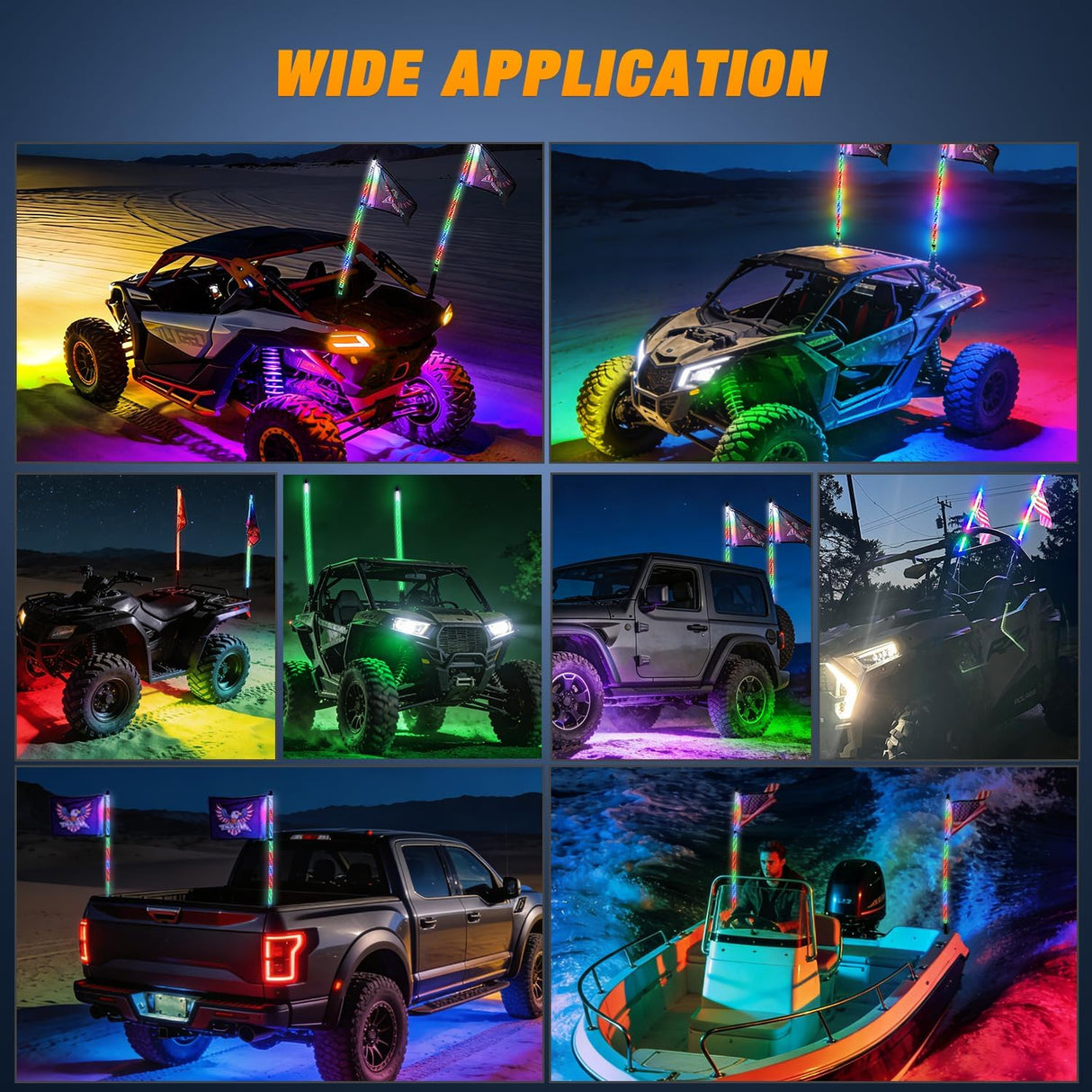 RGB LED Whip Light 2PCS 3FT with 6 Rock Lights Combo | APP and Remote Control with DIY Chasing Patterns Turn Signal Brake Reverse Functions and Spring Base for ATV UTV Jeep