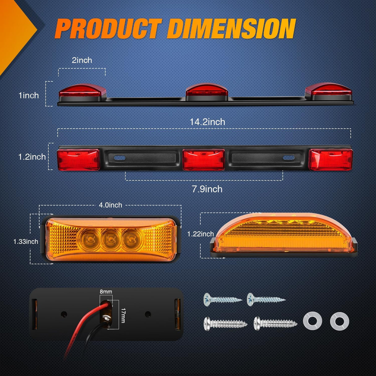 Nilight LED Trailer Light Kit 2 PCS Red Rectangular Stop Turn Tail License Lights 3.9 Inch Amber Side Marker Taillights 9 LEDs ID Bar For 12V RV Truck Marine Boat Snowmobile