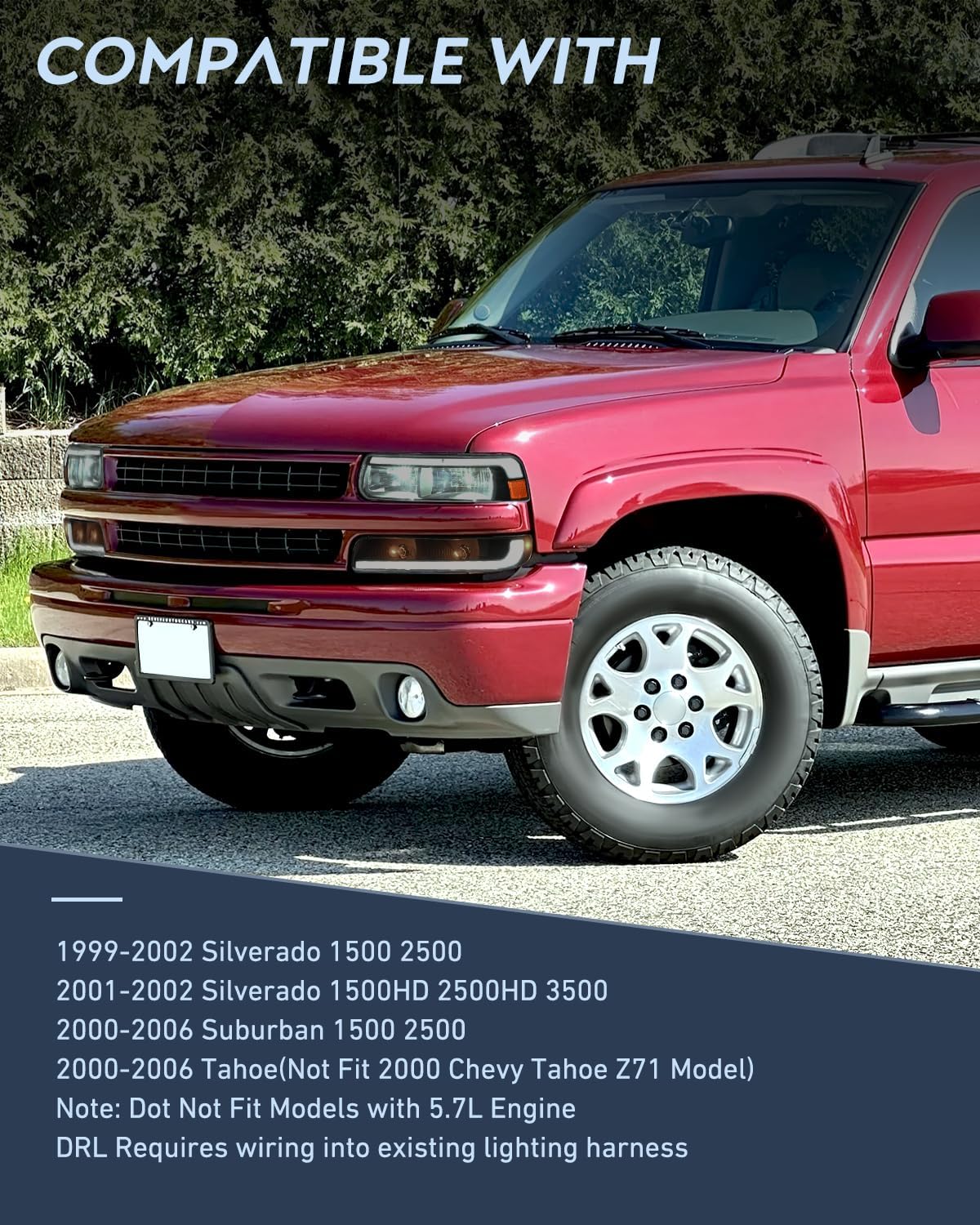 LED DRL Headlight Assembly for 1999 2000 2001 2002 Chevy Silverado 1500 1500HD 2500 2500HD 3500 Chevrolet Tahoe Suburban Replacement Headlamp Smoked Lens Black Housing Amber Bumper Lights Set