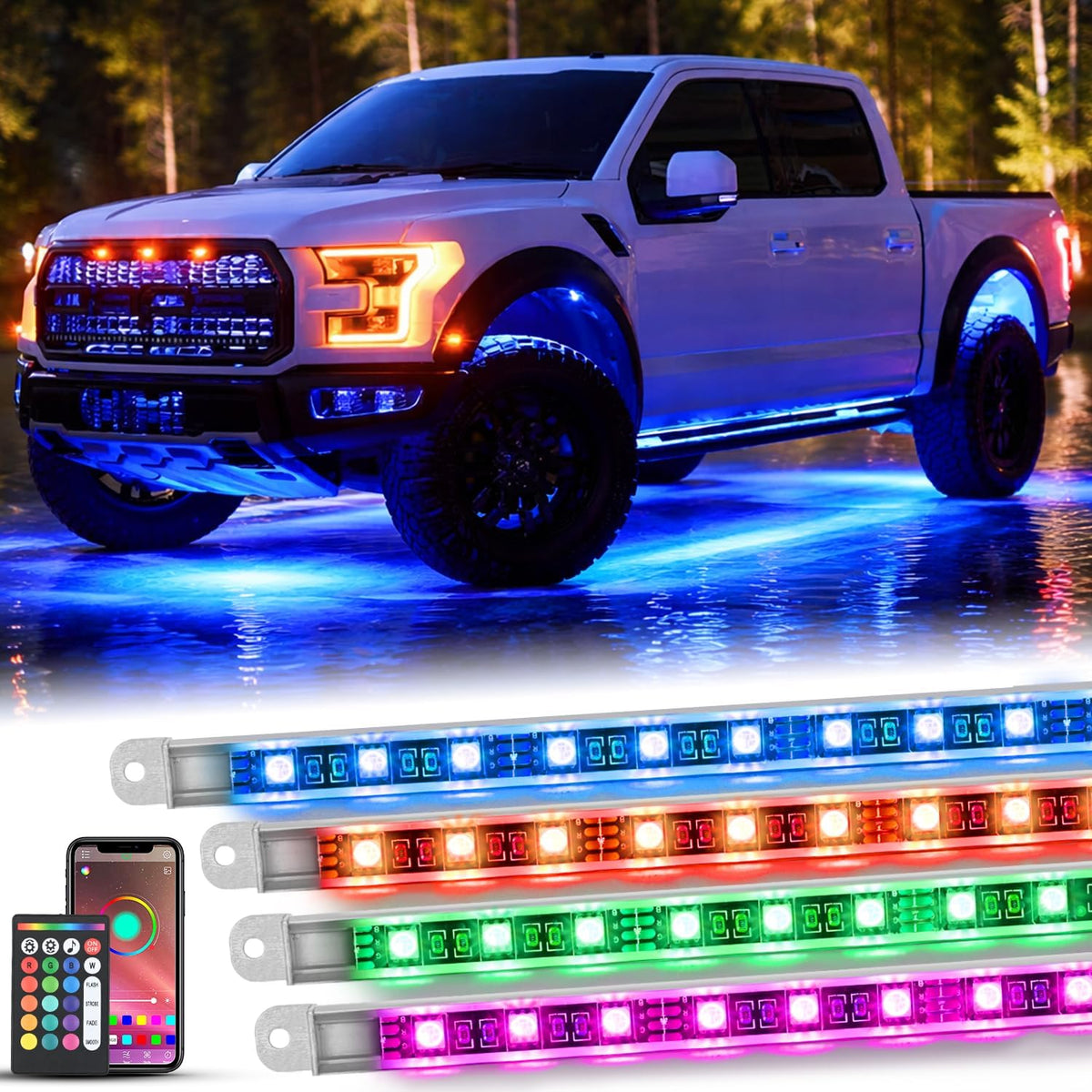 4PCS Aluminum RGBW LED Underglow Strip Lights with APP & Remote | 396 LEDs Door Assist Multi Color DIY Sound Active Function Music Mode Underbody Light Strips for Car Truck RV
