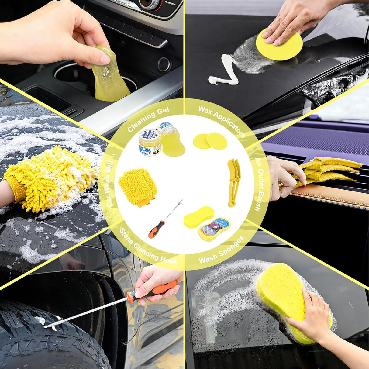 Automotive Tools 37PCS Car Detailing Kit Auto Cleaning Tools Wash Set with Storage Carry Bag Home Use for Interior Exterior Deep Clean Car Care Windshield Dashboard Seat Air Vents Wheels Tires, Yellow