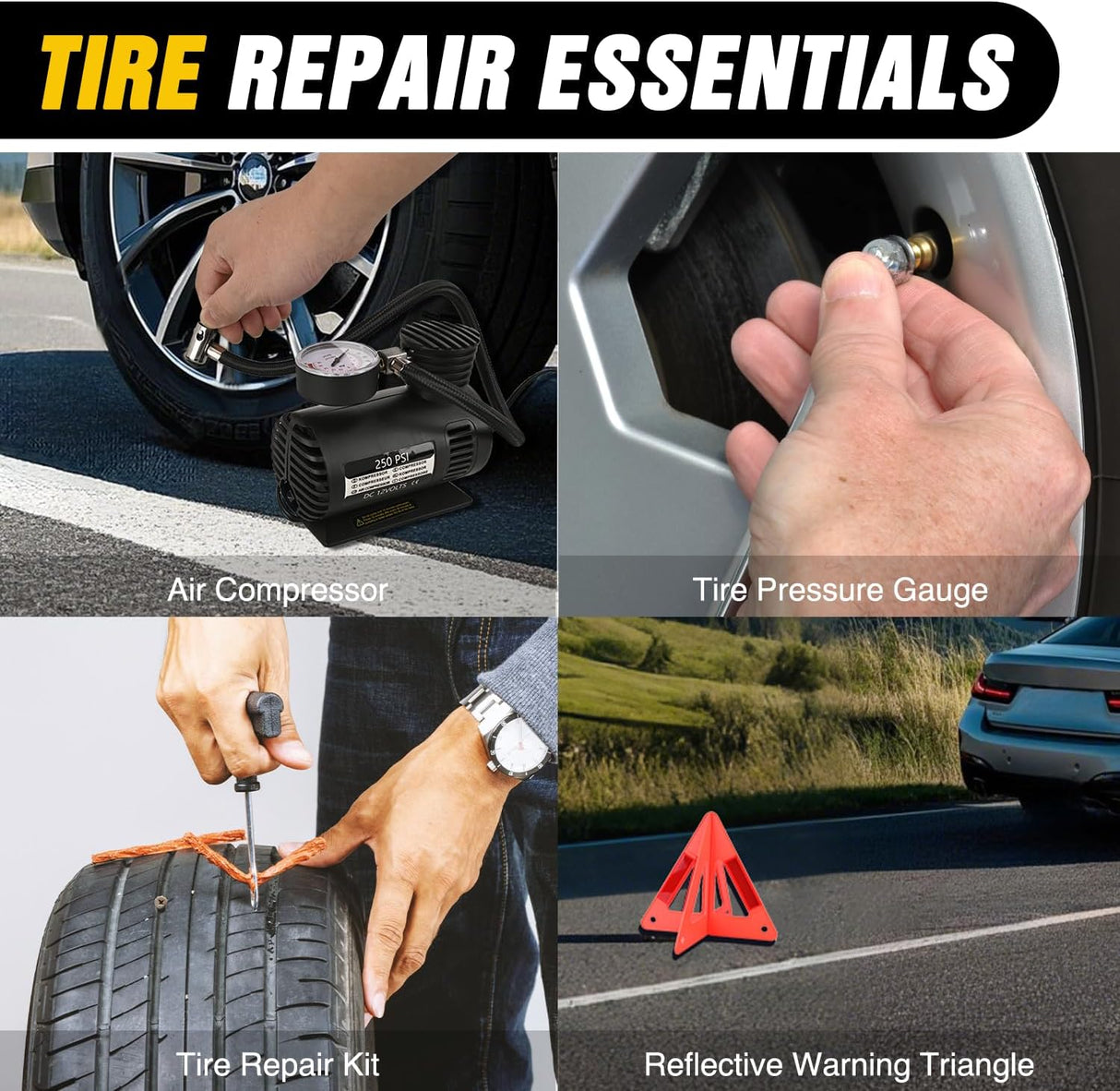 Car Emergency Kit with Jumper Cable Air Compressor Tire Repair Essential Tools First Aid Alligator Connector Electrical Kit for Travel Camping Outdoor Cars Truck SUV RV