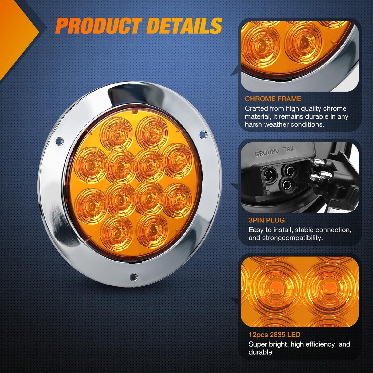 Trailer Tail Lights 2PCS 4Inch Round 12LED Amber Chrome Frame | IP67 Waterproof Marker Clearance Turn Signal Running Taillights for Trailer Truck Pickup Camper RV