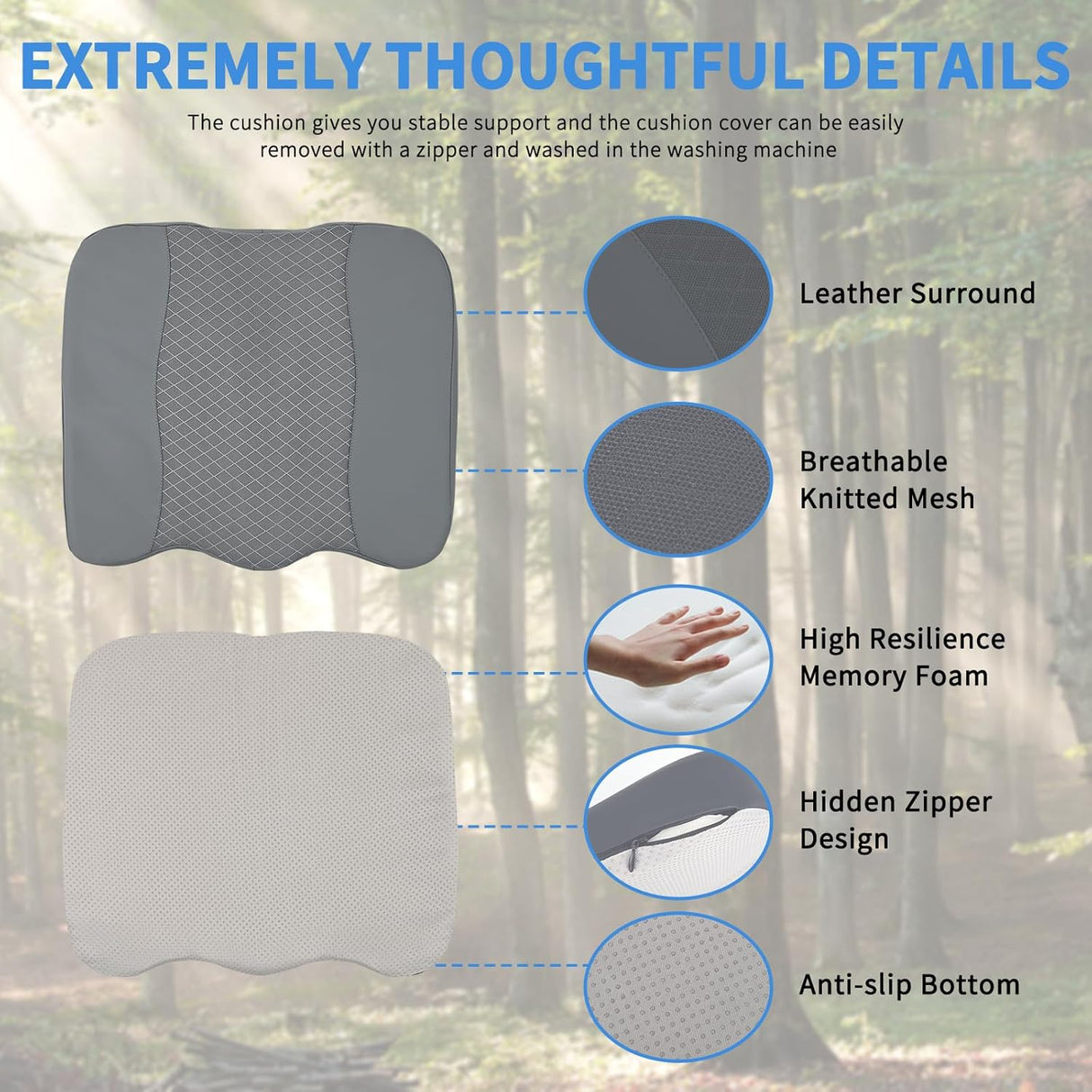 Car Seat Cushion Grey Leather Breathable Mesh Splicing Cushion Memory Foam Suitable for Daily Life Driving Relieves Sciatica and Tialbone Pain Improves Drive Visibility