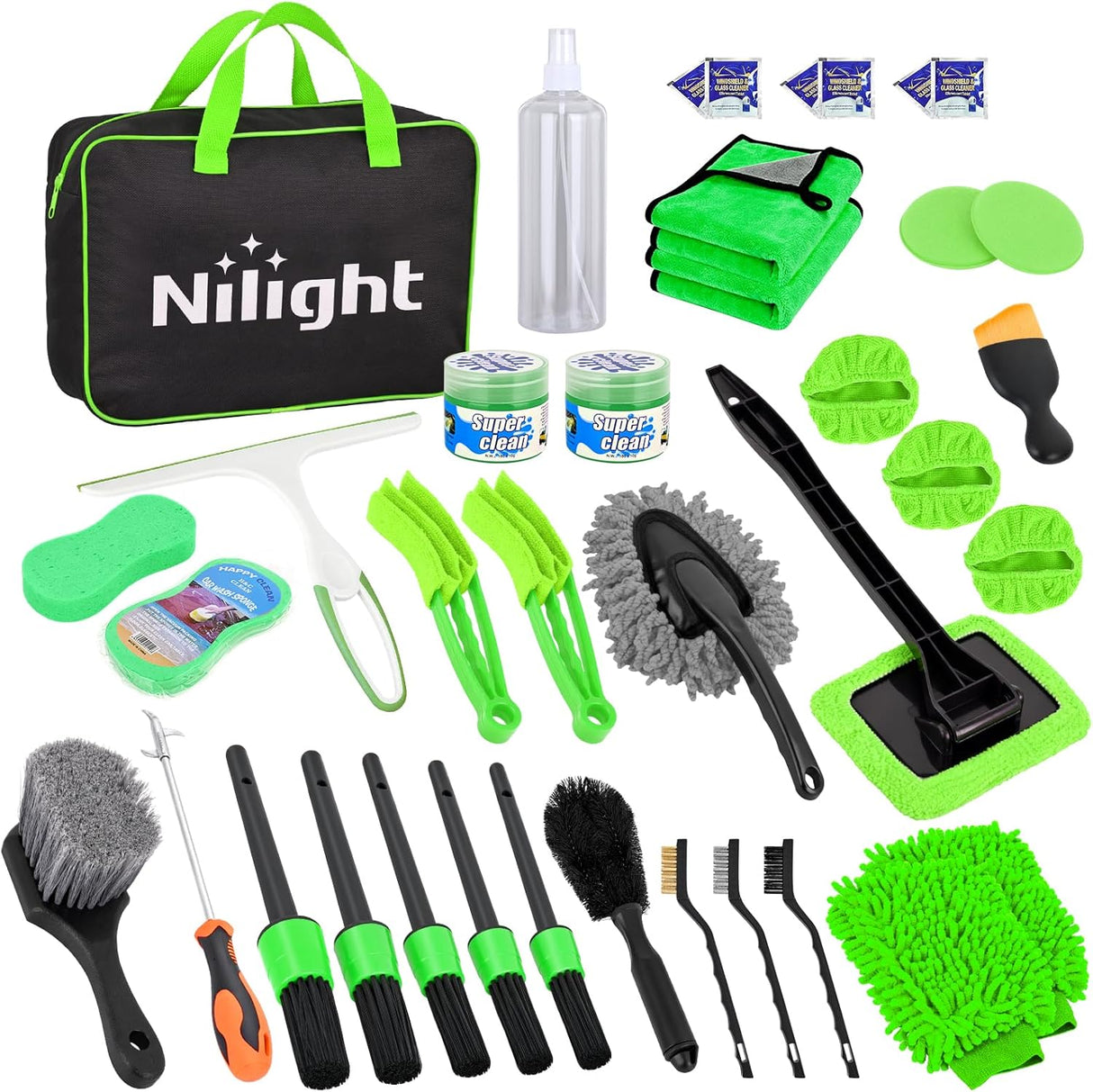 Automotive Tools 37PCS Car Detailing Kit Auto Cleaning Tools Wash Set with Storage Carry Bag Home Use for Interior Exterior Deep Clean Car Care Windshield Dashboard Seat Air Vents Wheels Tires, Green