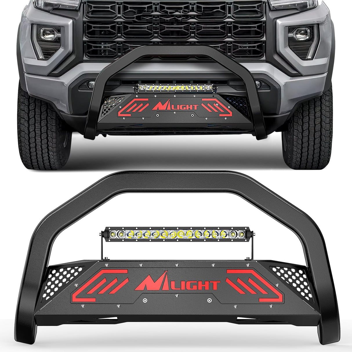 Bull Bar with Light fits Chevy Colorado (Excl. ZR2) 2015-2022 & GMC Canyon 2015-2022 Front Bumper Grille Brush Push Guard with Skid Plate Licence Plate Hole Black