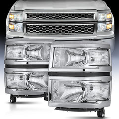 2014 2015 Chevy Silverado 1500 Headlight Assembly Chrome Housing Clear Reflector