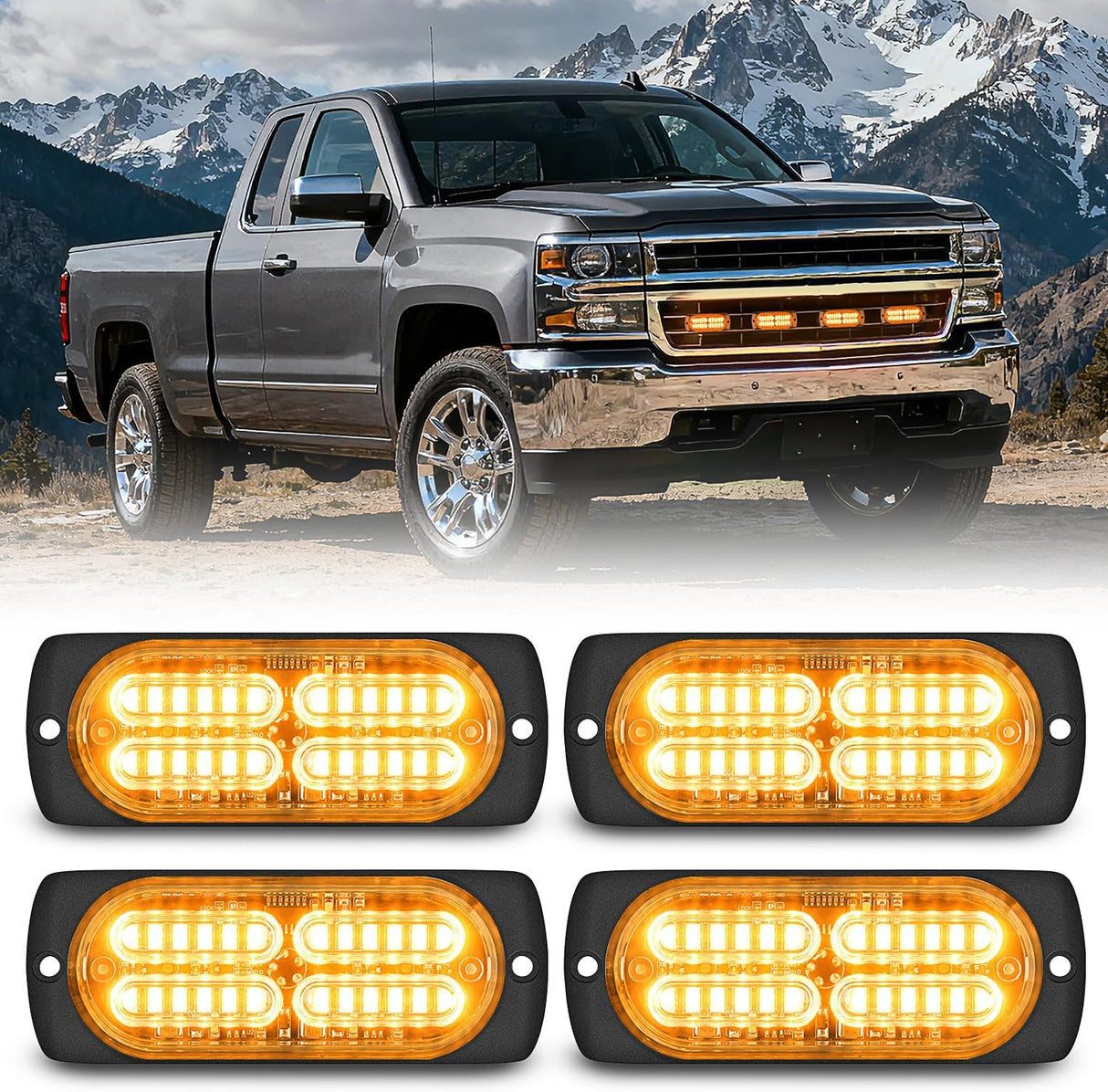 4PCS 24LED Emergency Strobe lights 12V 24V Amber Surface Mount Grille Hazard Safety Warning Light Sync Feature Side Flashing Marker Flash for Car Truck Campers