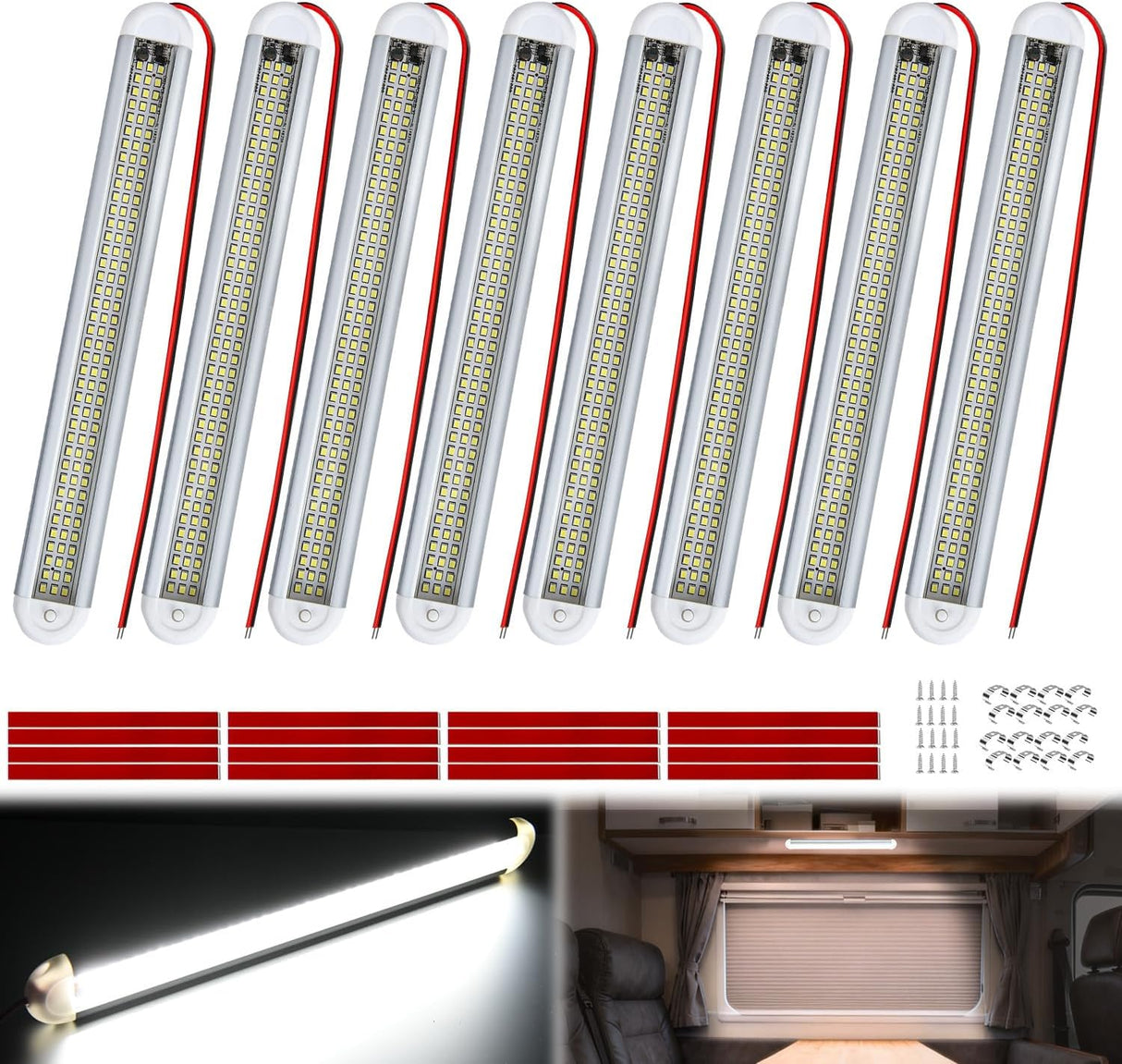 LED Interior Light Bar 8PCS 12 Inch Strip Lights | 120 LEDs with 1600LM Output On Off Switch and 12V to 85V Compatibility for RV Camper Enclosed Cargo Trailer Boat and Van