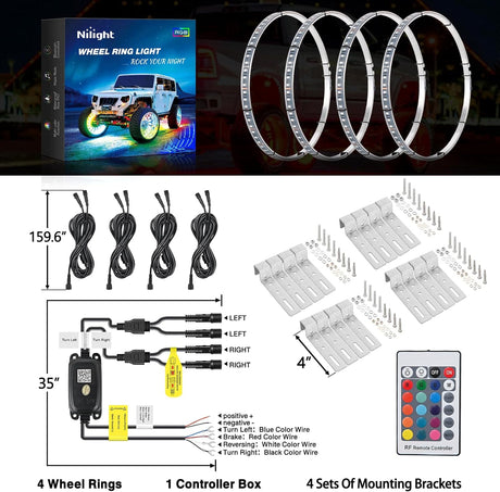 15.5 Inch LED Wheel Ring Lights Single Row RGB APP Remote Control 4Pcs Nilight