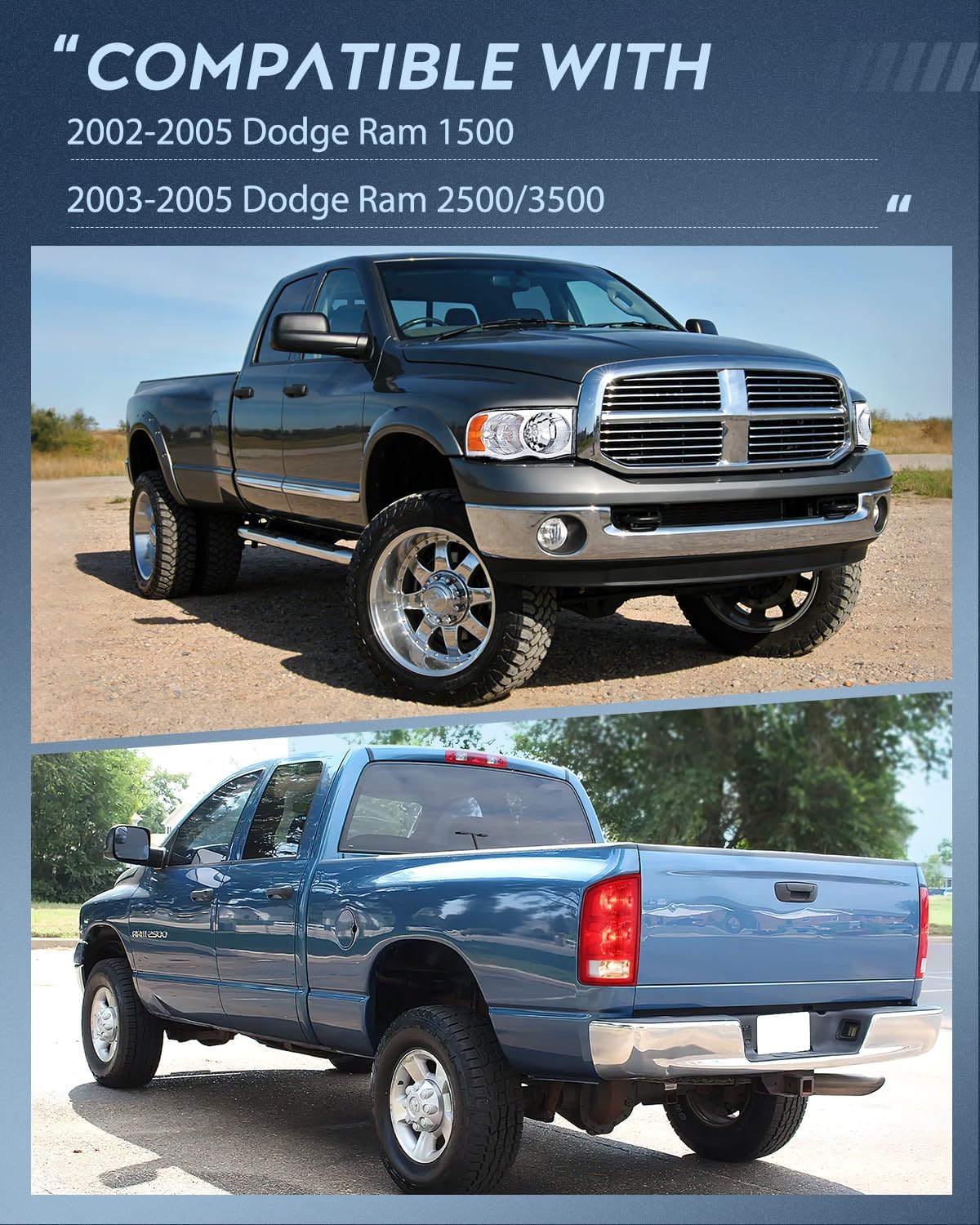 Headlight and Taillight Assembly Combo Compatible with 2002 2003 2004 2005 Ram 1500 2500 3500 Chrome Housing Amber Reflectors Headlamp with Red Tail Light