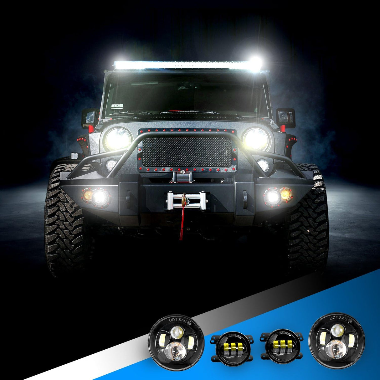 2PCS 7 Inch LED Headlight Compatible with Jeep 2PCS 4 Inch LED Fog Light for Jeep Wrangler 97-17 JK LJ CJ