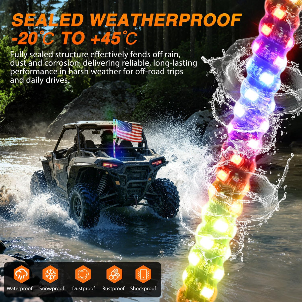 RGB LED Whip Light 1PC 3FT Spiral Antenna Whips | APP and Remote Control with DIY Chasing Patterns Brake Reverse Functions and Spring Base for ATV UTV RZR Can Am and Jeep