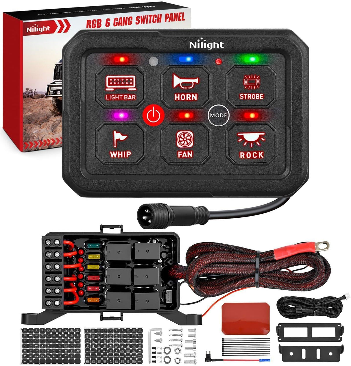 6 Gang Switch Panel Red Circuit Control Relay System with Fuse Wiring Harness Toggle Momentary Strobe Flash Modes Automatic Dimmable ON Off Pod 12V 24V for Car Truck Camper SUV