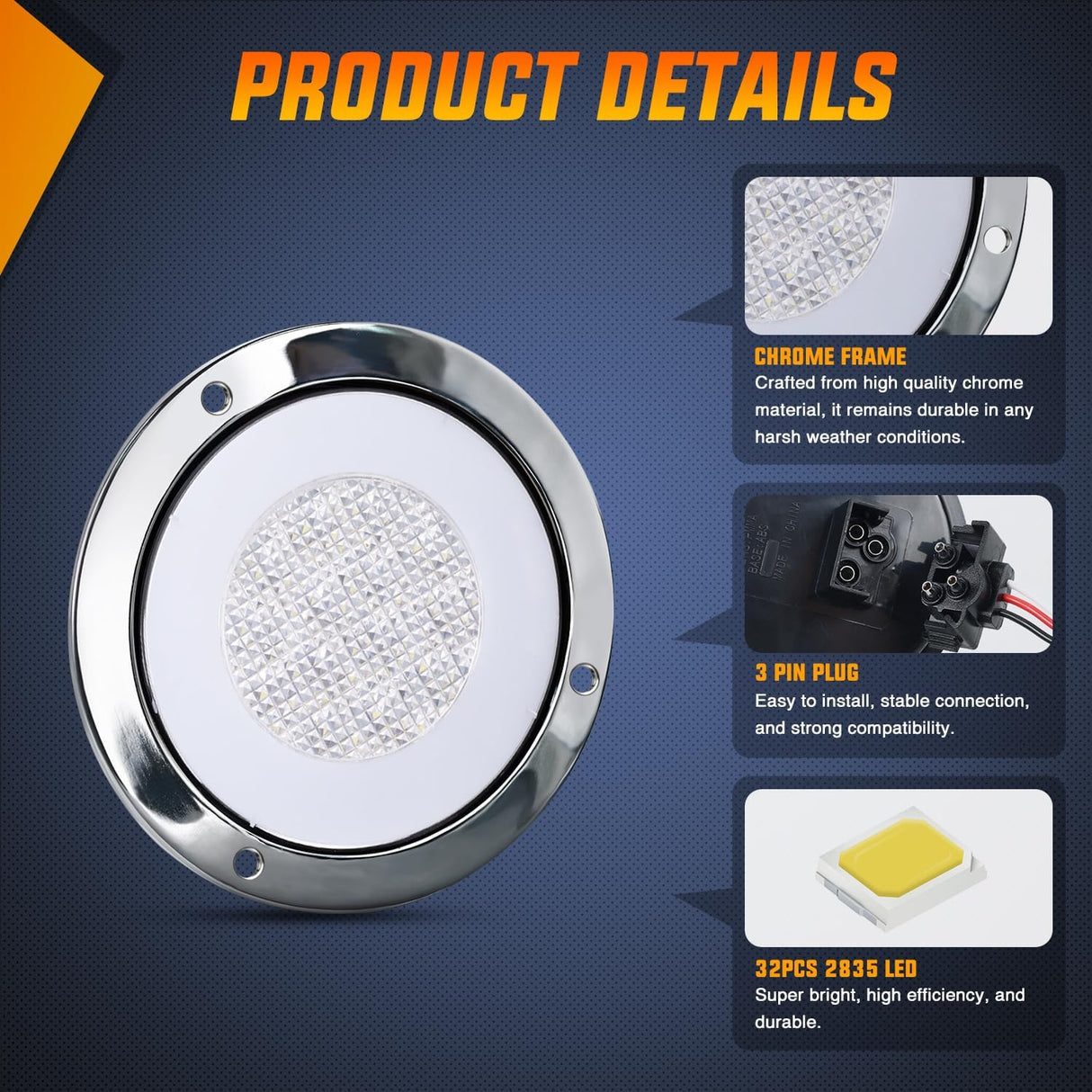 Trailer Tail Lights 2PCS 4Inch Round 32LED White Halo Chrome | Plated Frame Grommet IP67 Waterproof Marker Clearance Stop Brake Turn Running Taillights for Trailer Truck Pickup Camper RV