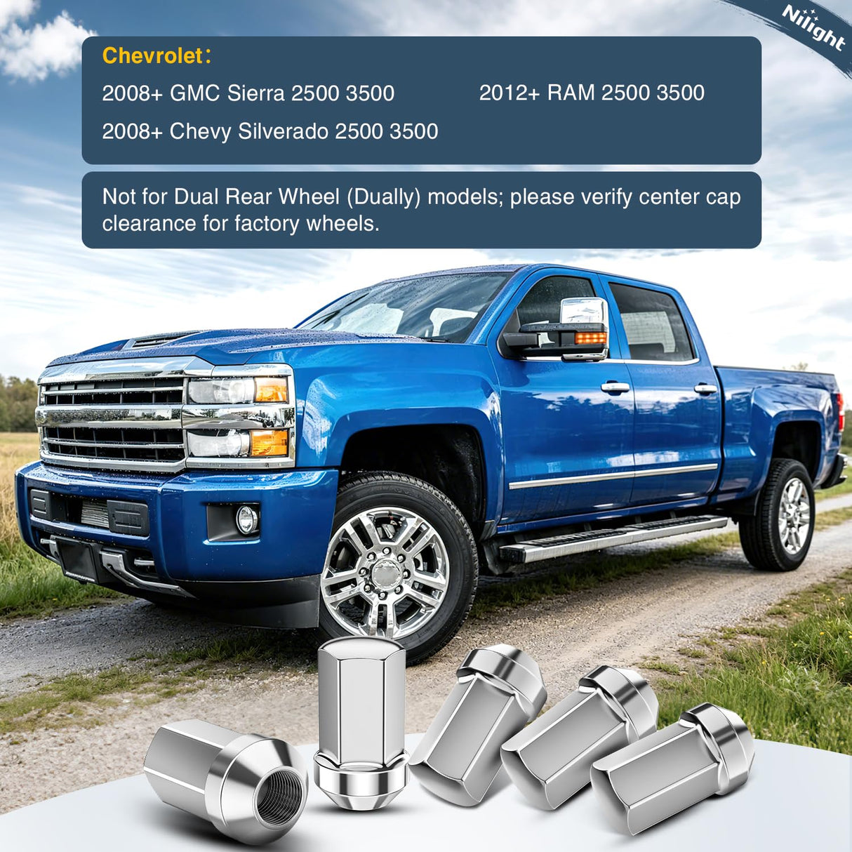 32PCS M14x1.5 Lug Nuts Compatible with 2012+ RAM 2500 3500 | for 2008+ Chevy Silverado/GMC Sierra 2500 3500 One-Piece Solid Chrome Steel Aftermarket Wheel Nuts Replace