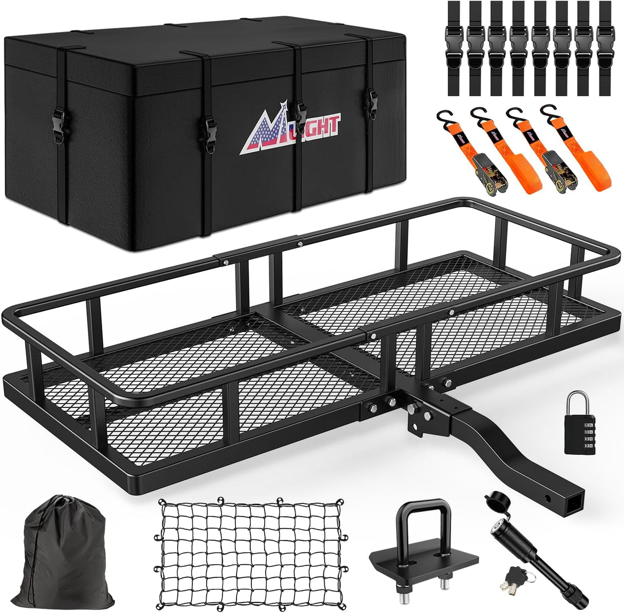 60 Inch x 24 Inchx 7.87 Inch Folding Carrier Fits 2-Inch Receiver 500 Lbs Capacity Bag Net Ratchet Straps Lock Stabilizer for SUV Pickup RV Van