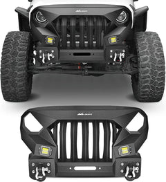 2007-2018 Jeep Wrangler JK & Unlimited 2/4 Doors Front Bumper Grill with Winch Plate 2Pcs 42w LED Work Light Pods Textured Black Solid Steel Off-Road