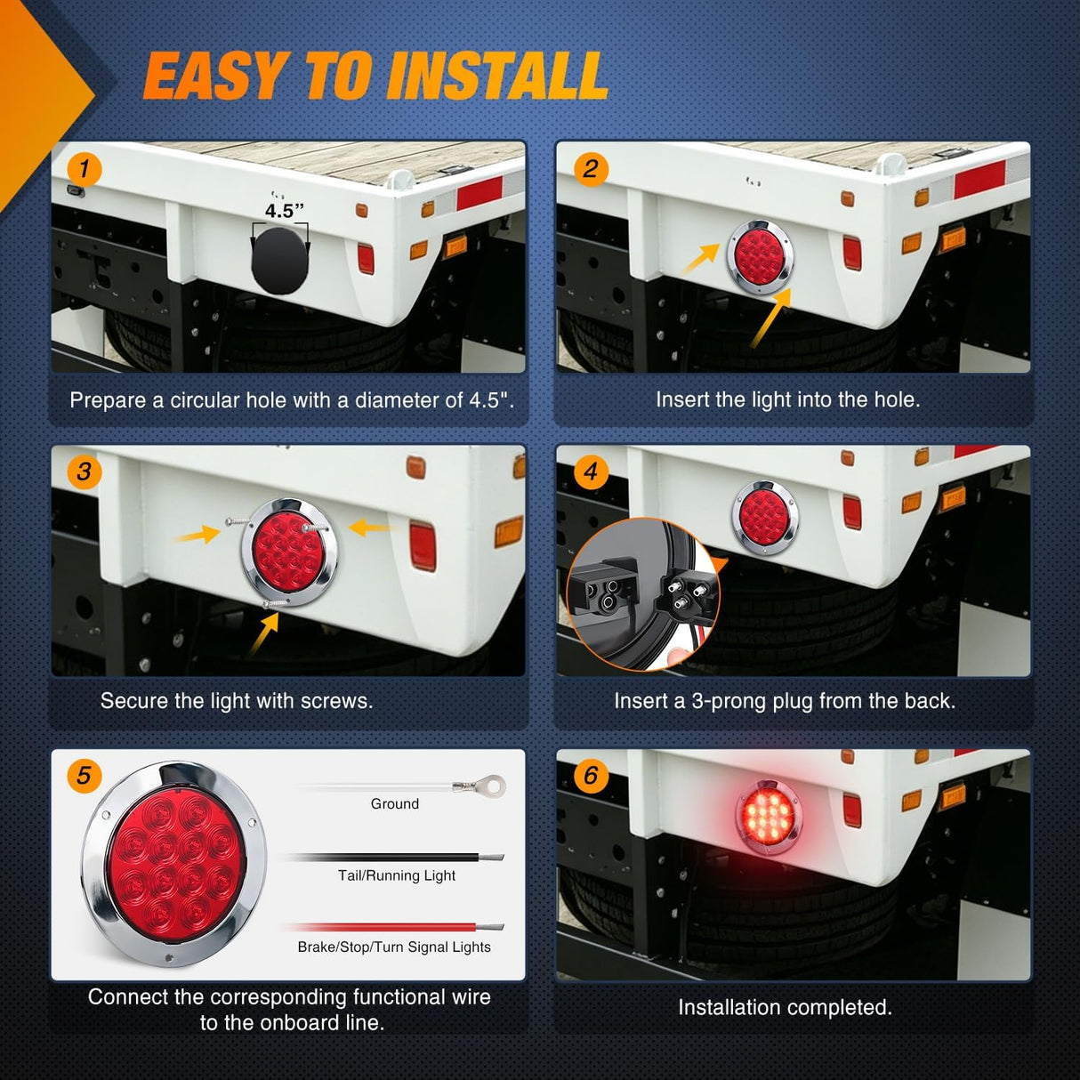 Trailer Tail Lights 2PCS 4Inch Round 12LED Red Chrome Frame | IP67 Waterproof Marker Clearance Stop Brake Running Taillights for Trailer Truck Pickup Camper RV