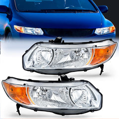 2006-2011 Honda Civic 2Door Coupe Headlight Assembly Chrome Case Amber Reflector Clear Lens