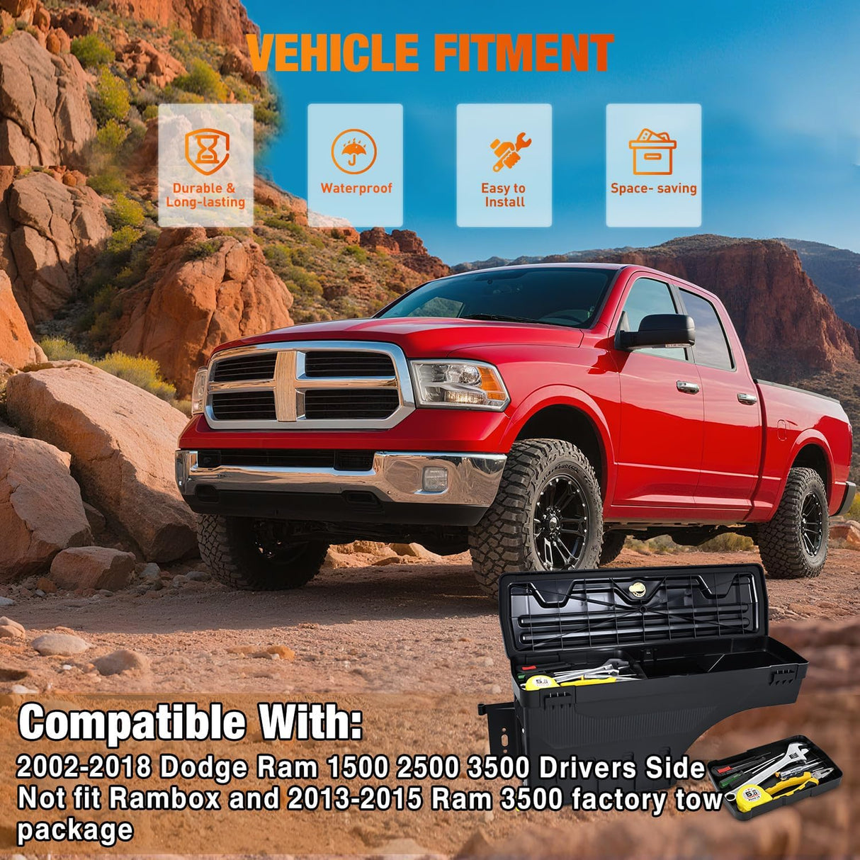 Truck Bed Tool Box Left Drivers Side Truck Tool Box Fit for Dodge Ram 1500 2500 3500 2002-2018 ABS Swing Case Truck Bed Storage Box w Lockable Lid Waterproof Wheel Well Toolbox, without Rambox
