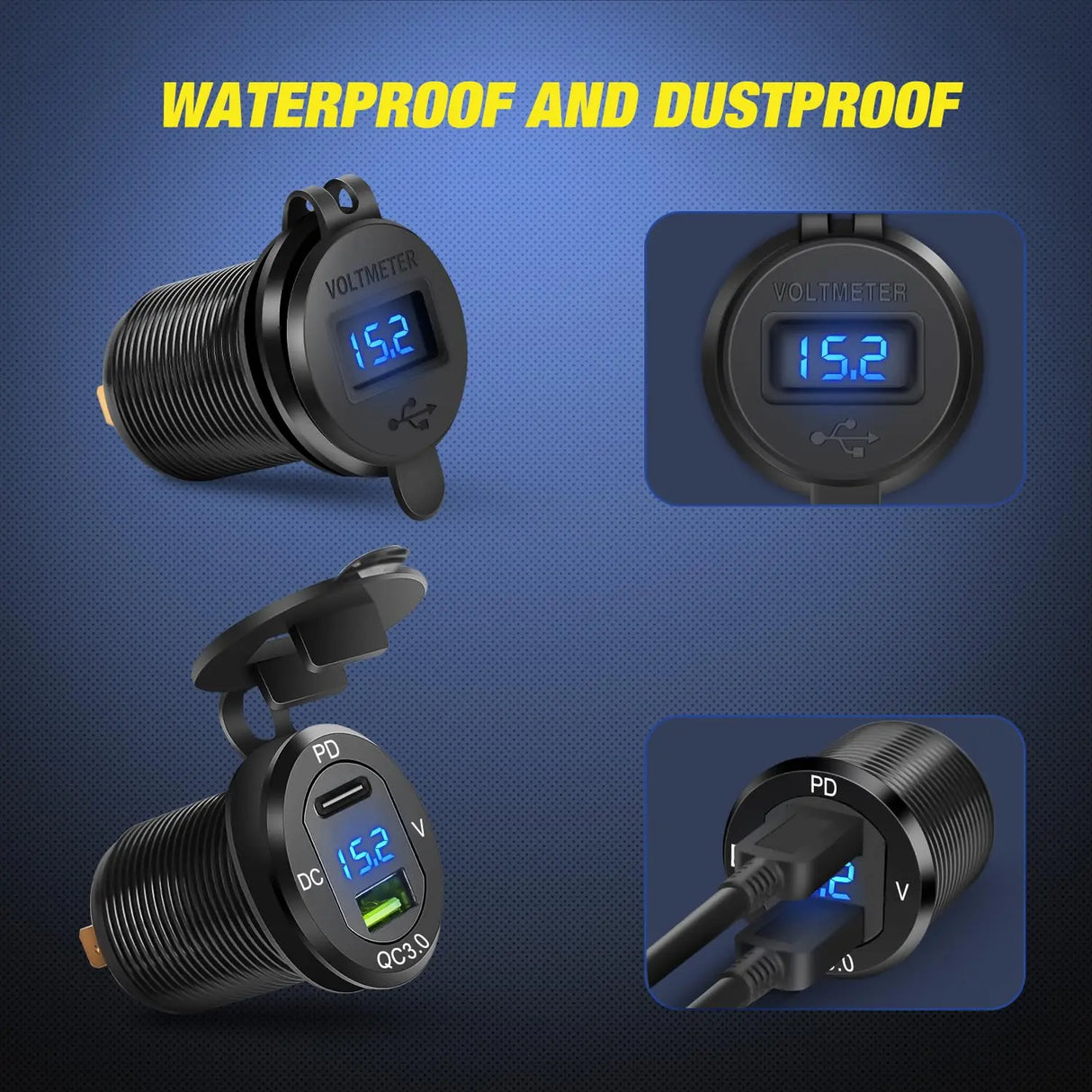 4Gang Aluminum 5Pin ON/Off Blue Rocker Switch Panel w/ PD Type C & QC 3.0 Dual USB Charger Voltmeter Nilight