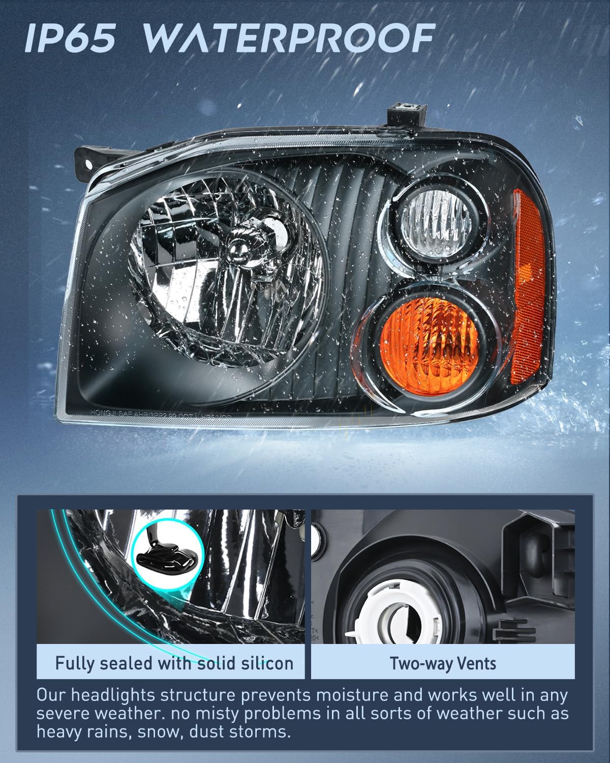 Headlight Assembly Compatible with 2001 2002 2003 2004 Nissan Frontier XE OE Style Replacement Halogen Headlights Black Housing Amber Reflector Headlamp Passenger and Driver