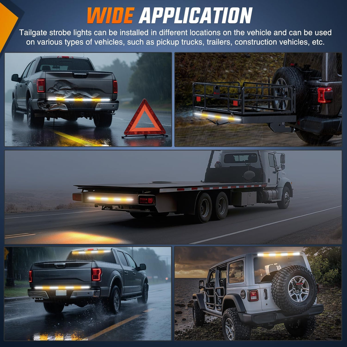 60 Inch Truck Tailgate Strobe Light Strip Tail Emergency Bar Rear Window Warning Lamp Ultra-Bright Double Row 360 LED for Pickup Trailers Construction Vehicles Car SUV, Amber White